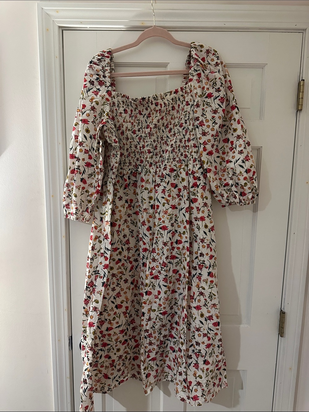 J. Crew White Floral Shirred Midi Dress with Red & Green Print